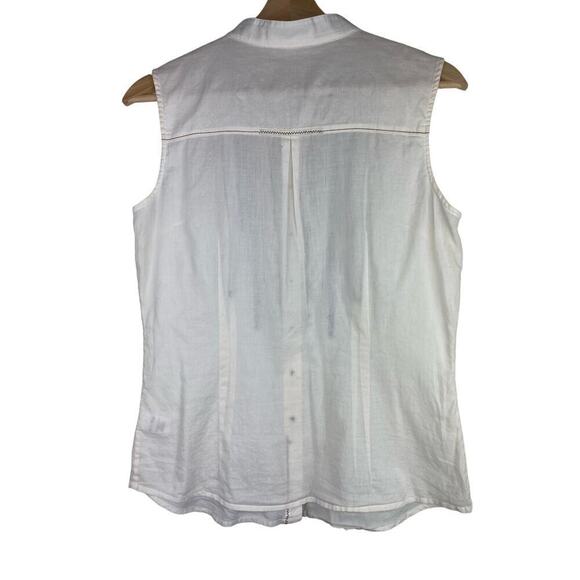 Coldwater Creek Women's S Cream Brown Sleeveless Ruffle Button Up Tank Top - Picture 3 of 8